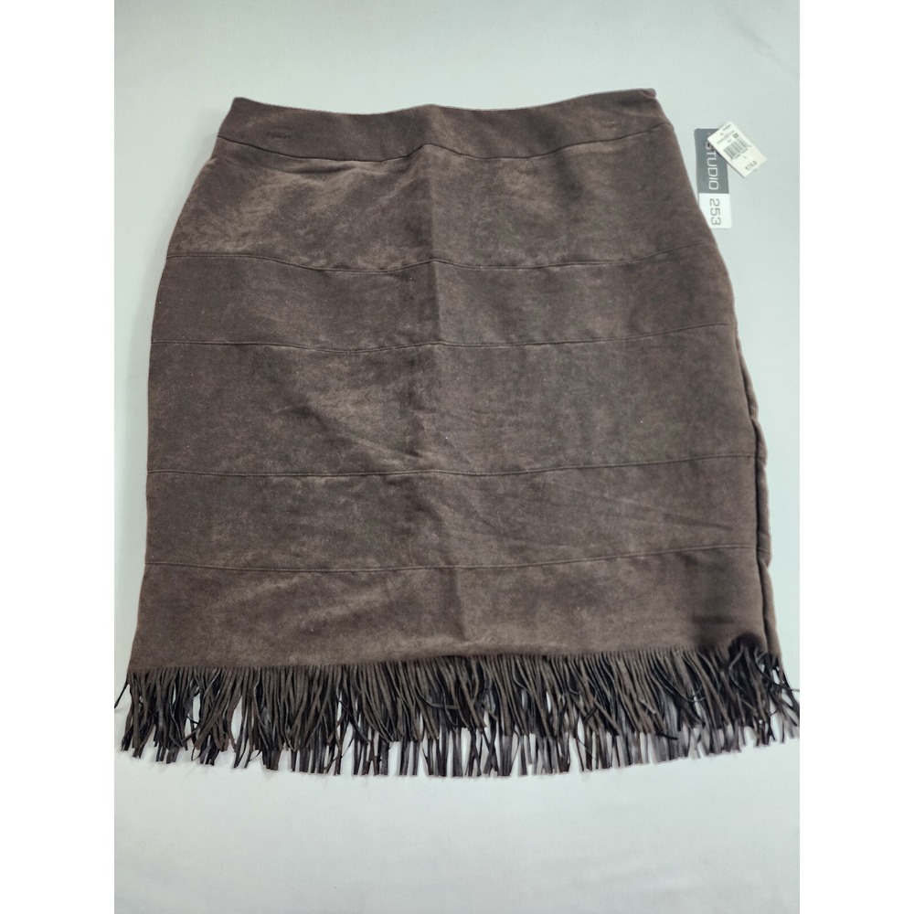 Studio 253 Skirt Womens Large Brown Faux Suede Fringe A-Line Stretch New